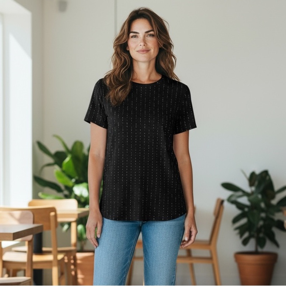 Eileen Fisher Womens 6 Black Speckled Short Sleeve‎ Blouse Key Hole Back